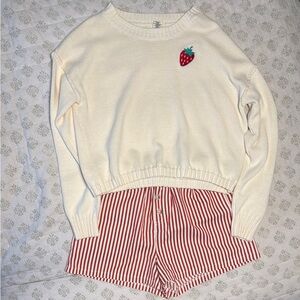 Cream Sweater with Strawberry Patch and Red Striped Shorts matching set